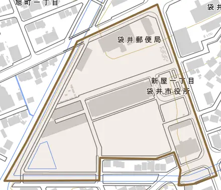 新屋一丁目とその周辺の地図。町の範囲を重ねている
