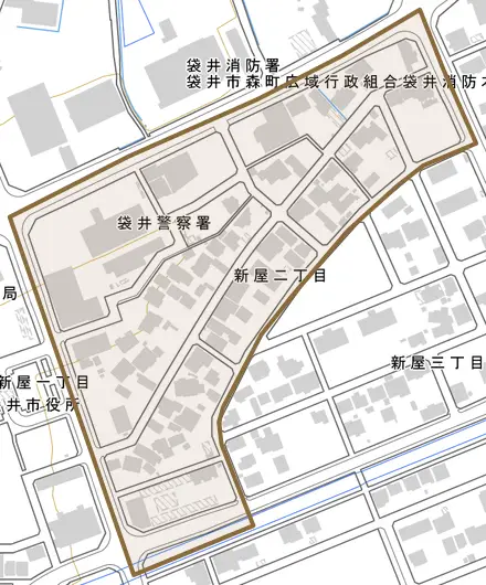 新屋二丁目とその周辺の地図。町の範囲を重ねている