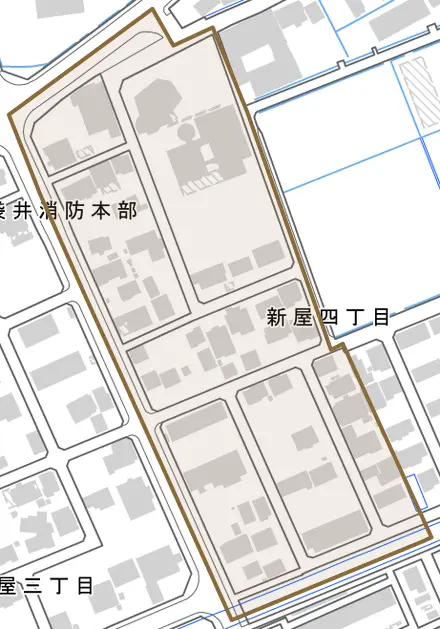 新屋四丁目とその周辺の地図。町の範囲を重ねている
