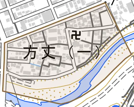 方丈一丁目とその周辺の地図。町の範囲を重ねている