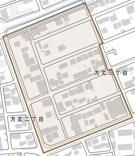 方丈三丁目とその周辺の地図。町の範囲を重ねている