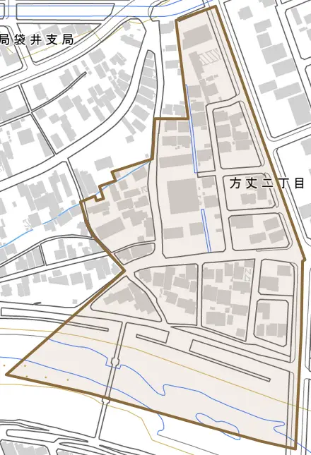 方丈二丁目とその周辺の地図。町の範囲を重ねている
