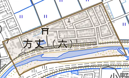 方丈六丁目とその周辺の地図。町の範囲を重ねている