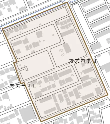 方丈四丁目とその周辺の地図。町の範囲を重ねている