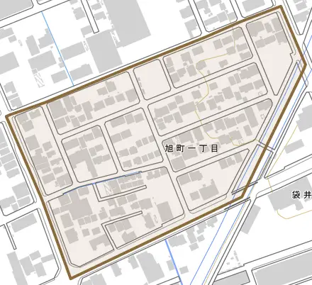 旭町一丁目とその周辺の地図。町の範囲を重ねている