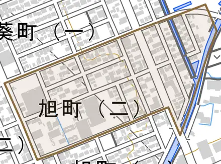 旭町二丁目とその周辺の地図。町の範囲を重ねている
