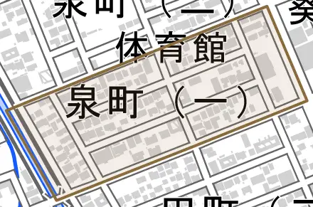 泉町一丁目とその周辺の地図。町の範囲を重ねている