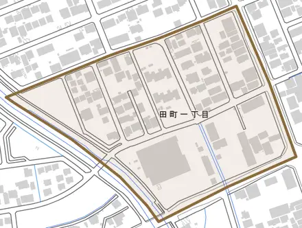 田町一丁目とその周辺の地図。町の範囲を重ねている
