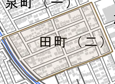 田町二丁目とその周辺の地図。町の範囲を重ねている