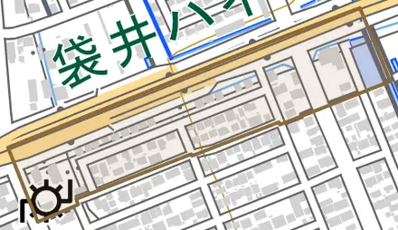 葵町三丁目とその周辺の地図。町の範囲を重ねている