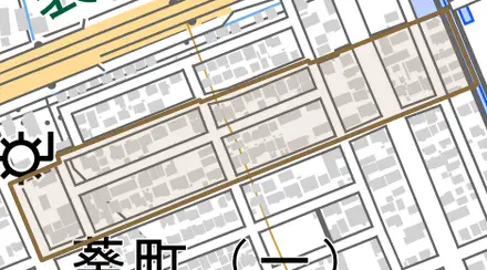 葵町二丁目とその周辺の地図。町の範囲を重ねている
