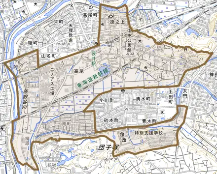 高尾とその周辺の地図。町の範囲を重ねている