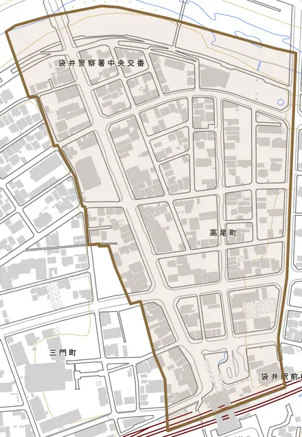 高尾町とその周辺の地図。町の範囲を重ねている