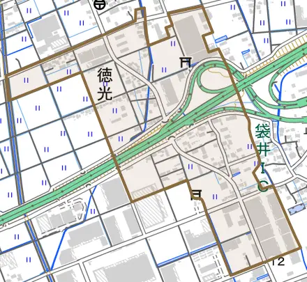 徳光とその周辺の地図。町の範囲を重ねている