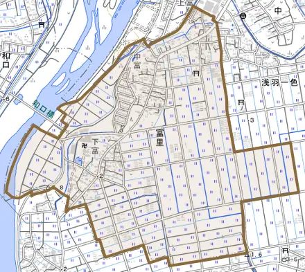 富里とその周辺の地図。町の範囲を重ねている