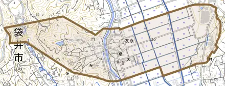 友永とその周辺の地図。町の範囲を重ねている
