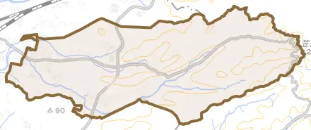 豊沢とその周辺の地図。町の範囲を重ねている