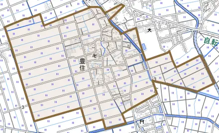 豊住とその周辺の地図。町の範囲を重ねている