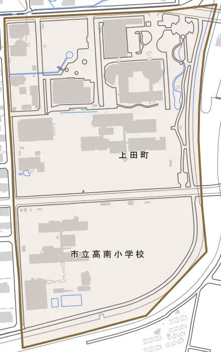 上田町とその周辺の地図。町の範囲を重ねている