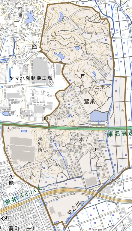 鷲巣とその周辺の地図。町の範囲を重ねている