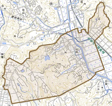 山田とその周辺の地図。町の範囲を重ねている