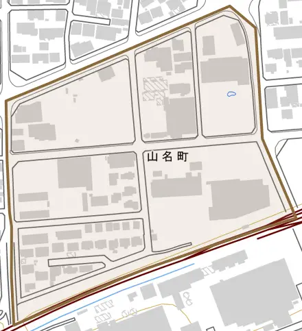 山名町とその周辺の地図。町の範囲を重ねている