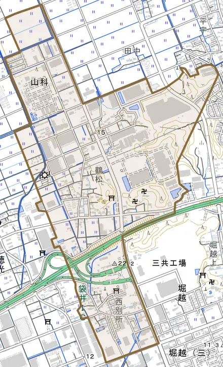 山科とその周辺の地図。町の範囲を重ねている