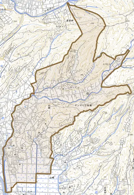 山崎とその周辺の地図。町の範囲を重ねている