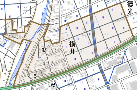 横井とその周辺の地図。町の範囲を重ねている