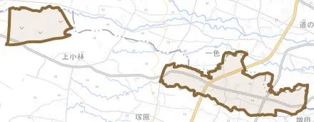 古沢とその周辺の地図。町の範囲を重ねている