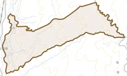 二子とその周辺の地図。町の範囲を重ねている