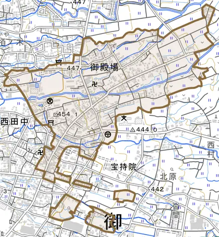 御殿場とその周辺の地図。町の範囲を重ねている