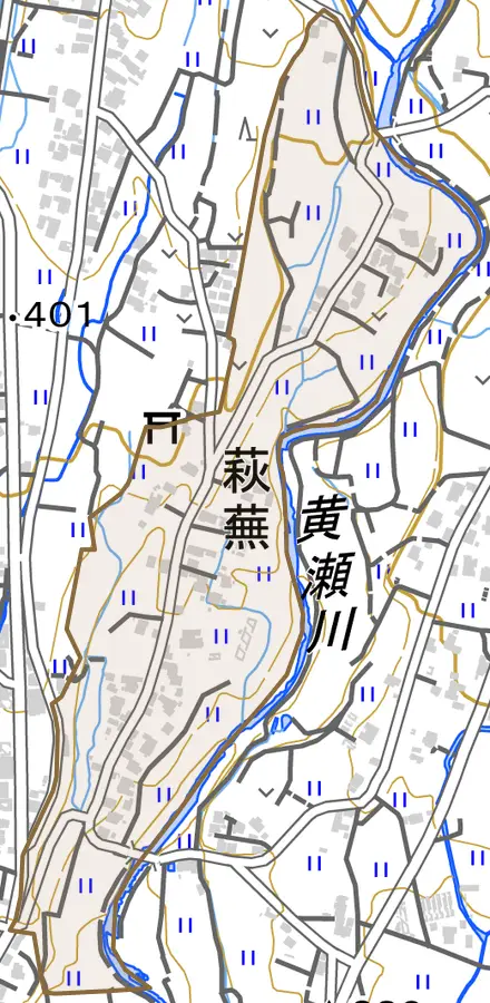 萩蕪とその周辺の地図。町の範囲を重ねている