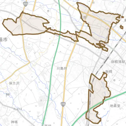 萩原とその周辺の地図。町の範囲を重ねている