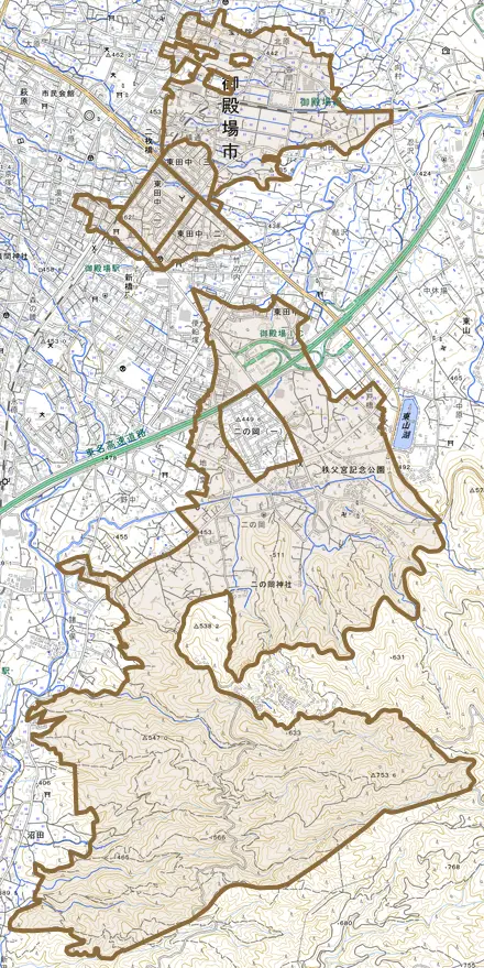 東田中とその周辺の地図。町の範囲を重ねている