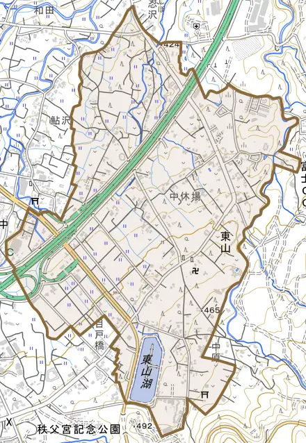 東山とその周辺の地図。町の範囲を重ねている