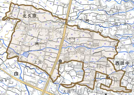 北久原とその周辺の地図。町の範囲を重ねている