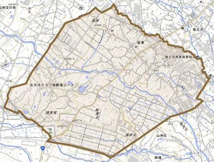 板妻とその周辺の地図。町の範囲を重ねている