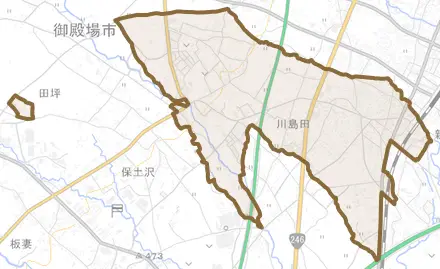 川島田とその周辺の地図。町の範囲を重ねている