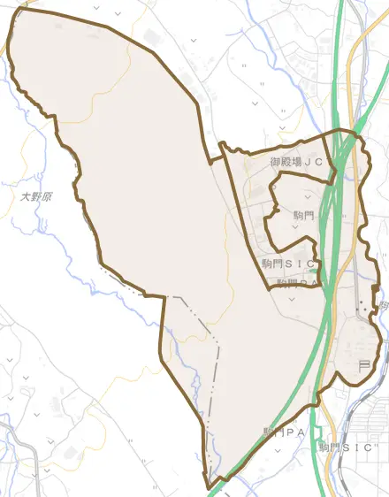 駒門とその周辺の地図。町の範囲を重ねている