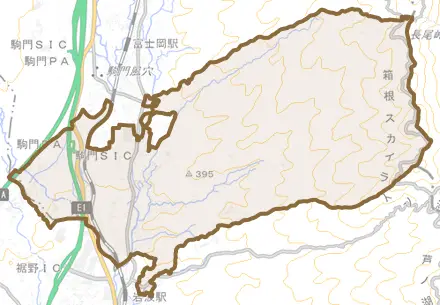 神山とその周辺の地図。町の範囲を重ねている