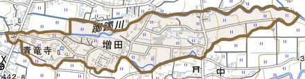 増田とその周辺の地図。町の範囲を重ねている