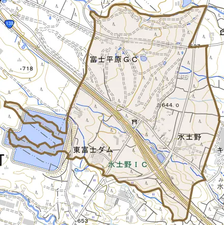 水土野とその周辺の地図。町の範囲を重ねている
