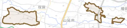 六日市場とその周辺の地図。町の範囲を重ねている