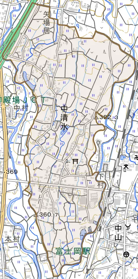 中清水とその周辺の地図。町の範囲を重ねている
