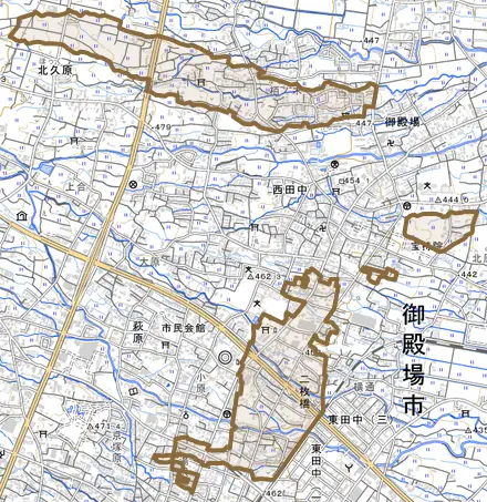 二枚橋とその周辺の地図。町の範囲を重ねている