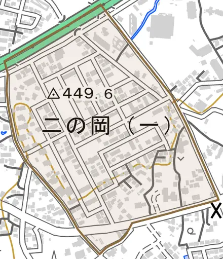 二の岡とその周辺の地図。町の範囲を重ねている
