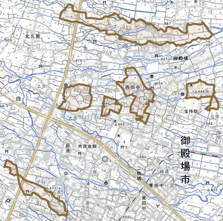 西田中とその周辺の地図。町の範囲を重ねている
