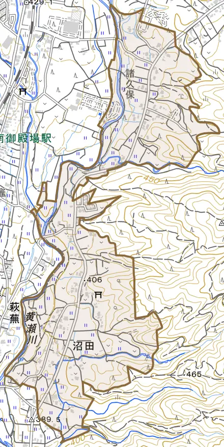 沼田とその周辺の地図。町の範囲を重ねている
