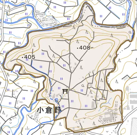 小倉野とその周辺の地図。町の範囲を重ねている